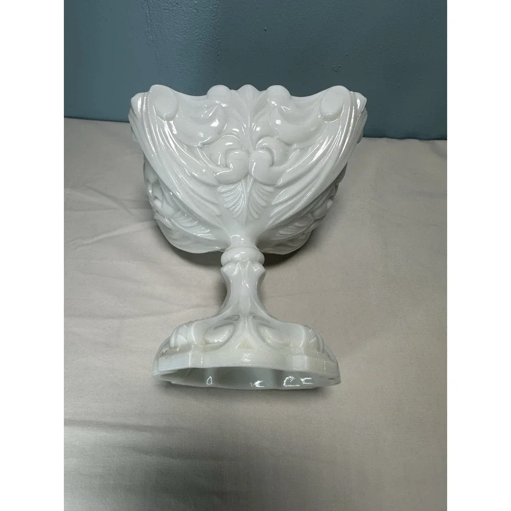 Vintage Portieux Vallerysthal French White Milk Glass Scrolled Compote Dish